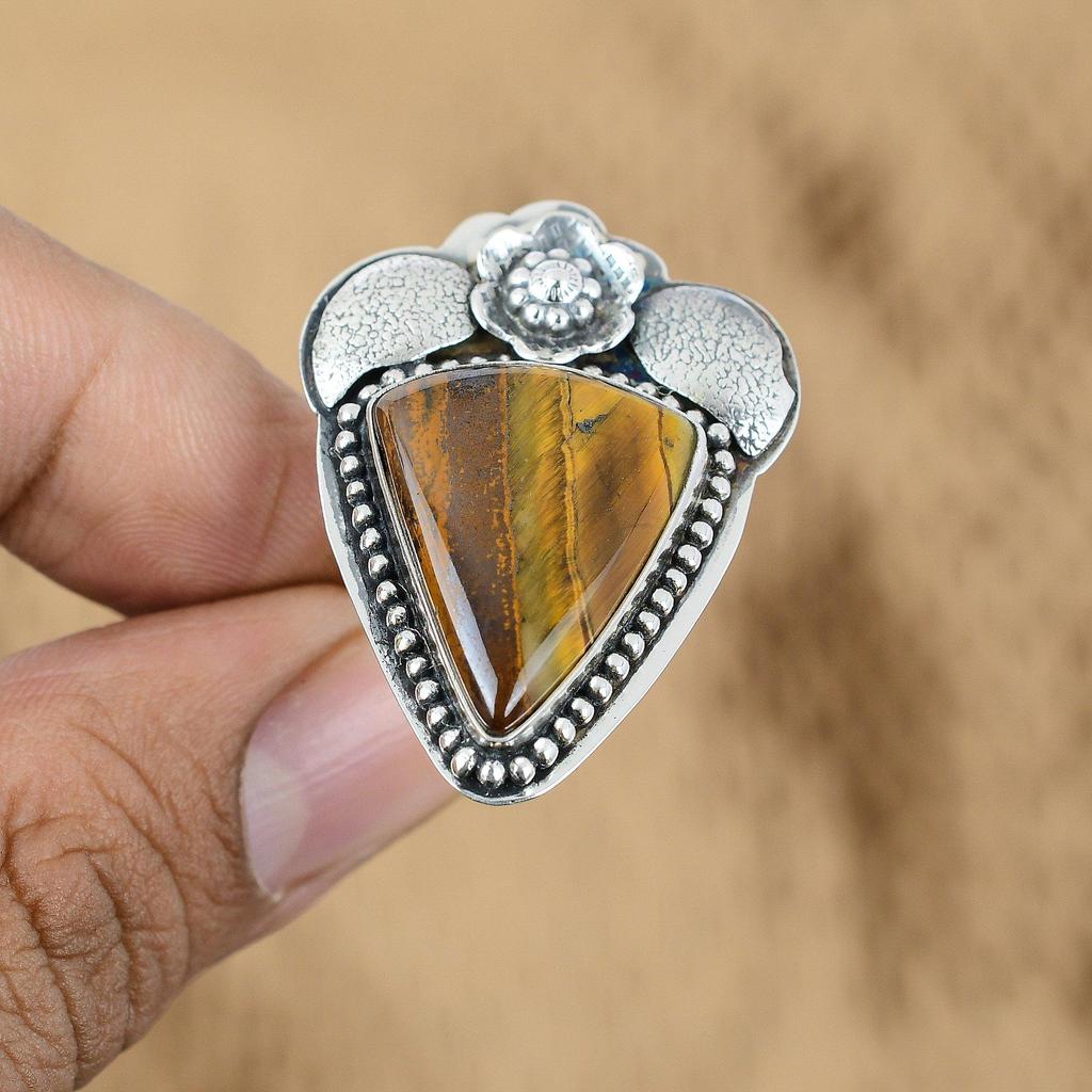 Geschenk für Sie Natürliches Tigerauge Multi Stein Blume Verstellbarer Ring 925 Silber