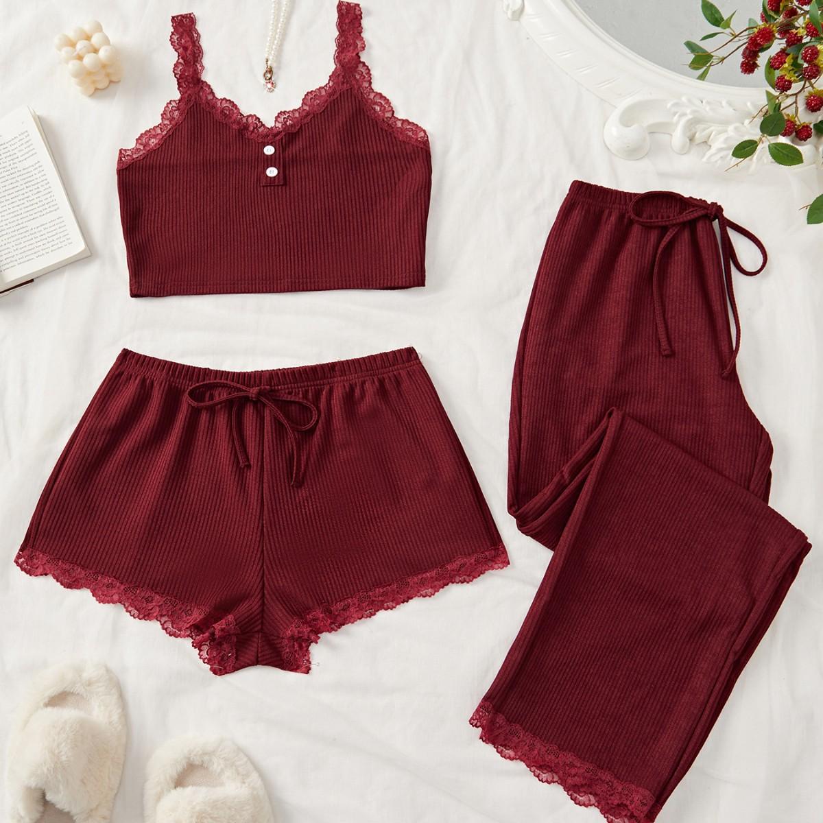 

European and American lace sling vest women s new French inner slim-fitting versatile back top three-piece set S бордовый