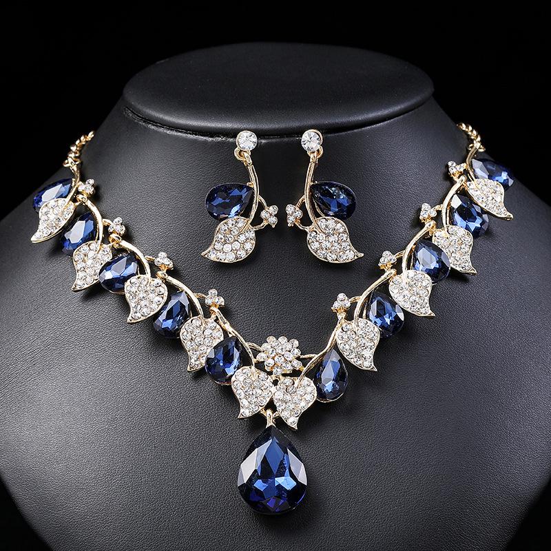 Ethnic Style Retro Gemstone Necklace & Leaf Water Drop Jewelry Set