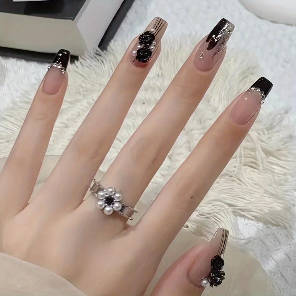 24 Pcs Glossy Nude Pink Heart Press On Nails with Water Drop Rhinestones - Medium Length Valentine's Day False Nails for Women and Girls