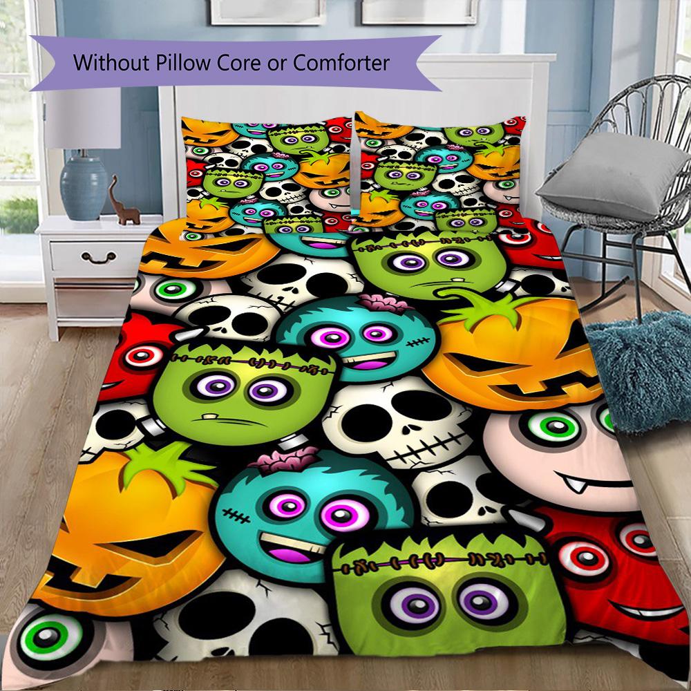 Colorful Halloween Cartoon Monsters Pattern Bedding,Quilt Set Quilt Cover Pillowcase Home Birthday Gift (1*duvet cover+2*pillowcase,without core)ZSJT0
