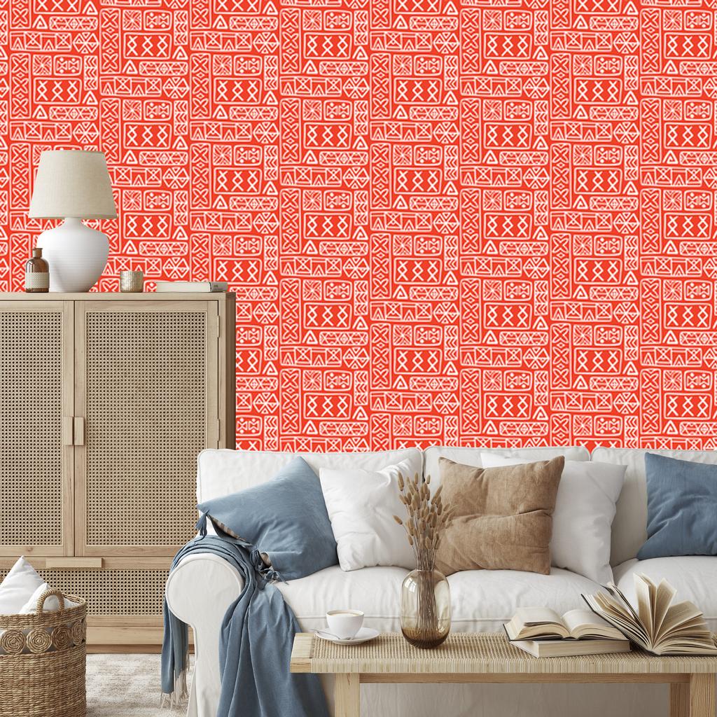 Polynesian Geometric Pattern Wallpaper Coral and Red 50x1000