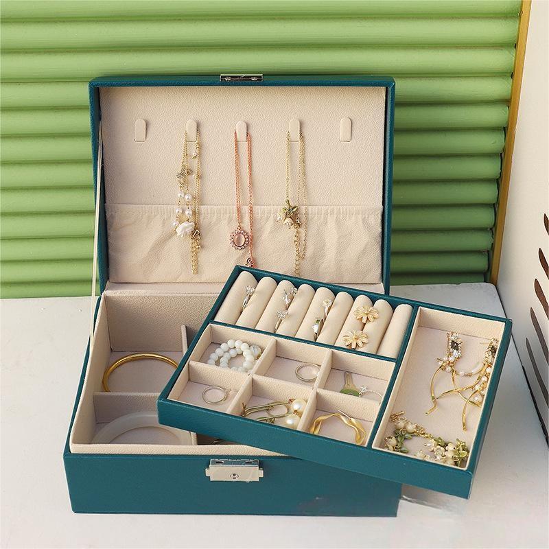 

Двухслойная шкатулка для хранения ювелирных изделий, портативный дорожный держатель для ювелирных изделий, органайзер для хранения колец, ожерелий, ювелирных изделий, витрина для ювелирных изделий темно-зеленого