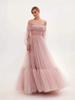   new long women's clothing one-word shoulder mesh long-sleeved wedding dress tulle dress