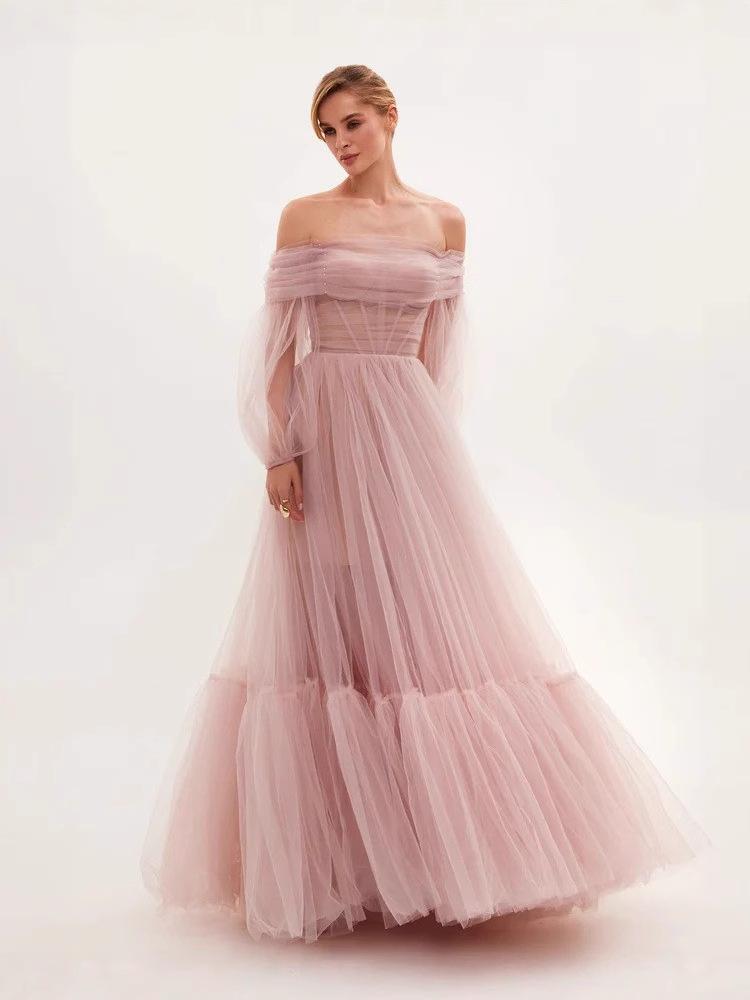 new long women's clothing one-word shoulder mesh long-sleeved wedding dress tulle dress