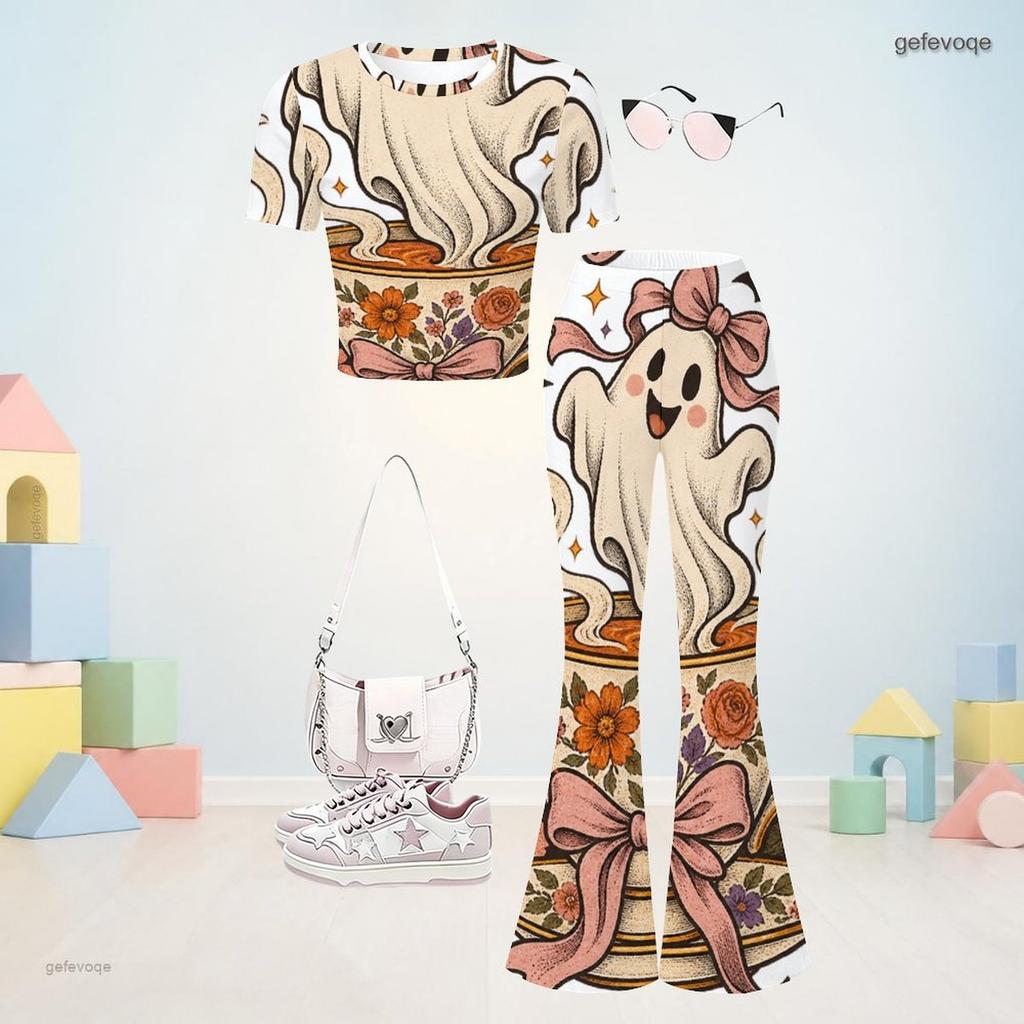 Girls Halloween Lamb Print Round Neck Short Sleeve Top And Flared Pants Two Piece Set
