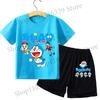 Boy Girl Short Sleeves Shorts 2pcs Set Kid Blue Top Summer Clothes Children T-shirt Set Cute Cartoon Tees