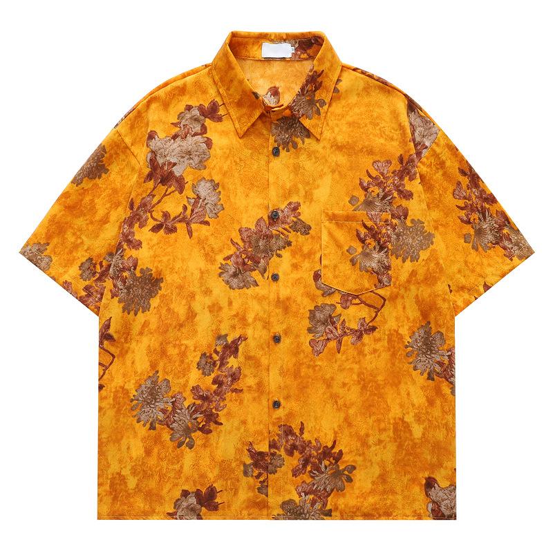 Hongkong-Stil Vintage Blumen Kurzarmhemd, Unisex Lässig Trendig Koreanisch Locker Paare Hawaiianisches Urlaubshemd für den Sommer