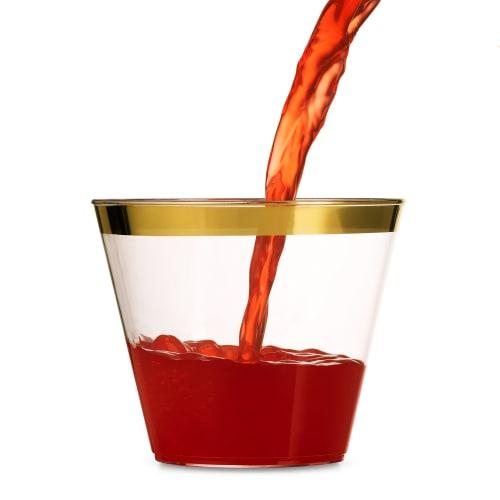 100 9 Oz Gold Plastic Cups, Clear Plastic Cups, Old Fashioned Tumblers, Gold Rimmed Cups, Fancy Disposable Wedding Cups, Elegant Party Cups with Gold