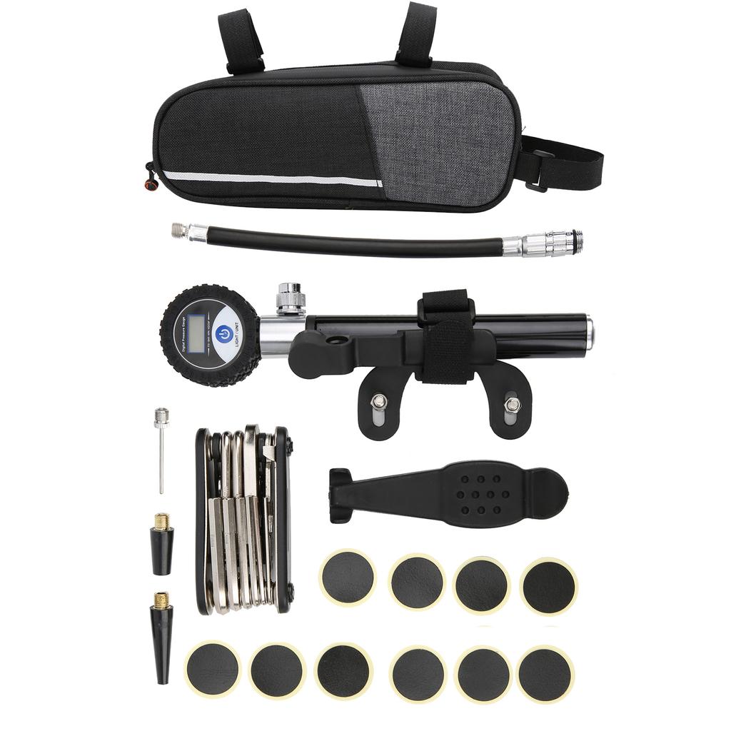 Zestaw narzędzi do naprawy opon rowerowych, przenośny, outdoor, cyfrowa pompka, igła do pompowania, łatki naprawcze, zestaw kluczy