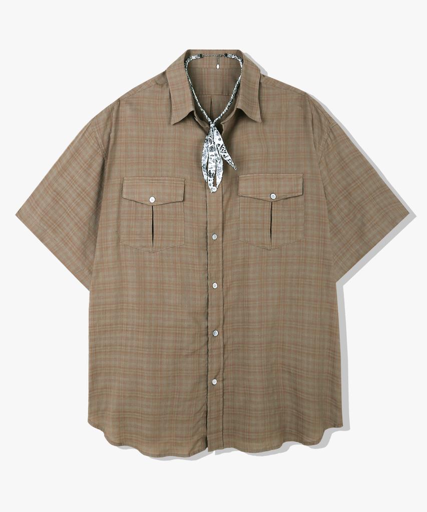 SSY [2Pack] Washed Check Linen 2-Pocket Loose Fit Half Shirt