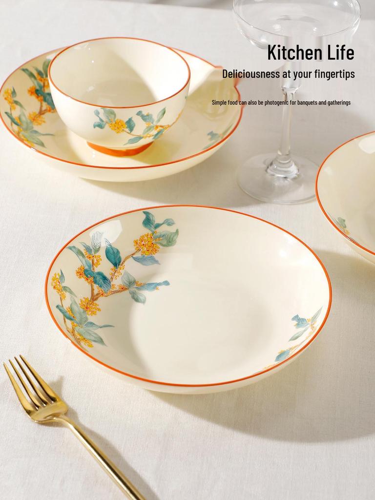Golden Autumn Osmanthus Ceramic Dinner Plate - Chinese Style Deep Soup and Round Dish 2025 Collection
