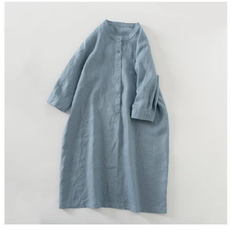 Abito Chemisier in Cotone e Lino Traspirante Collo Alto Manica 3/4 Abbottonatura Frontale Vestibilità Larga Taglie Forti Abito Lungo con Tasche Casual Quotidiano da Vacanza
