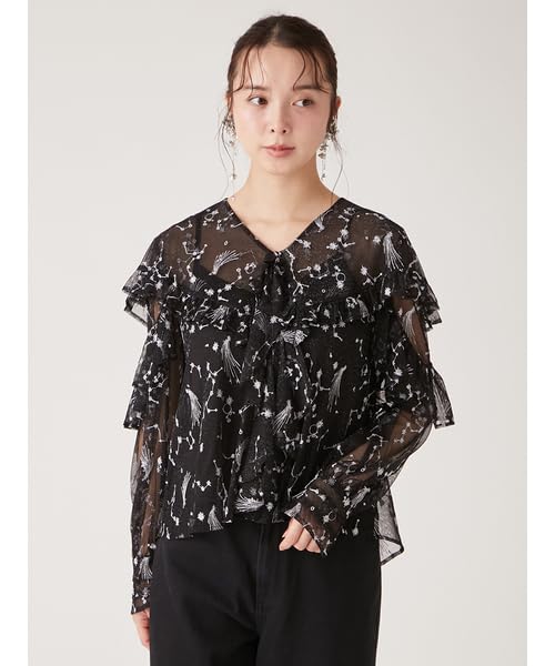 Lily Brown Starry Sky Embroidered Frill Blouse LWFT245101 Black Women's
