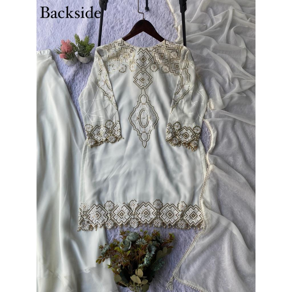 White Georgette Designer Pakisatni Palazzo Suit Indian Bollywood Salwar Kameez