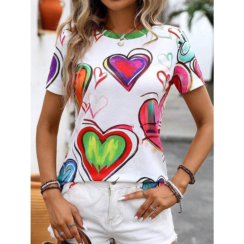 Summer Round Neck 3D Love Print T-shirts Fashionable Casual Short Sleeved Women's T-shirts
