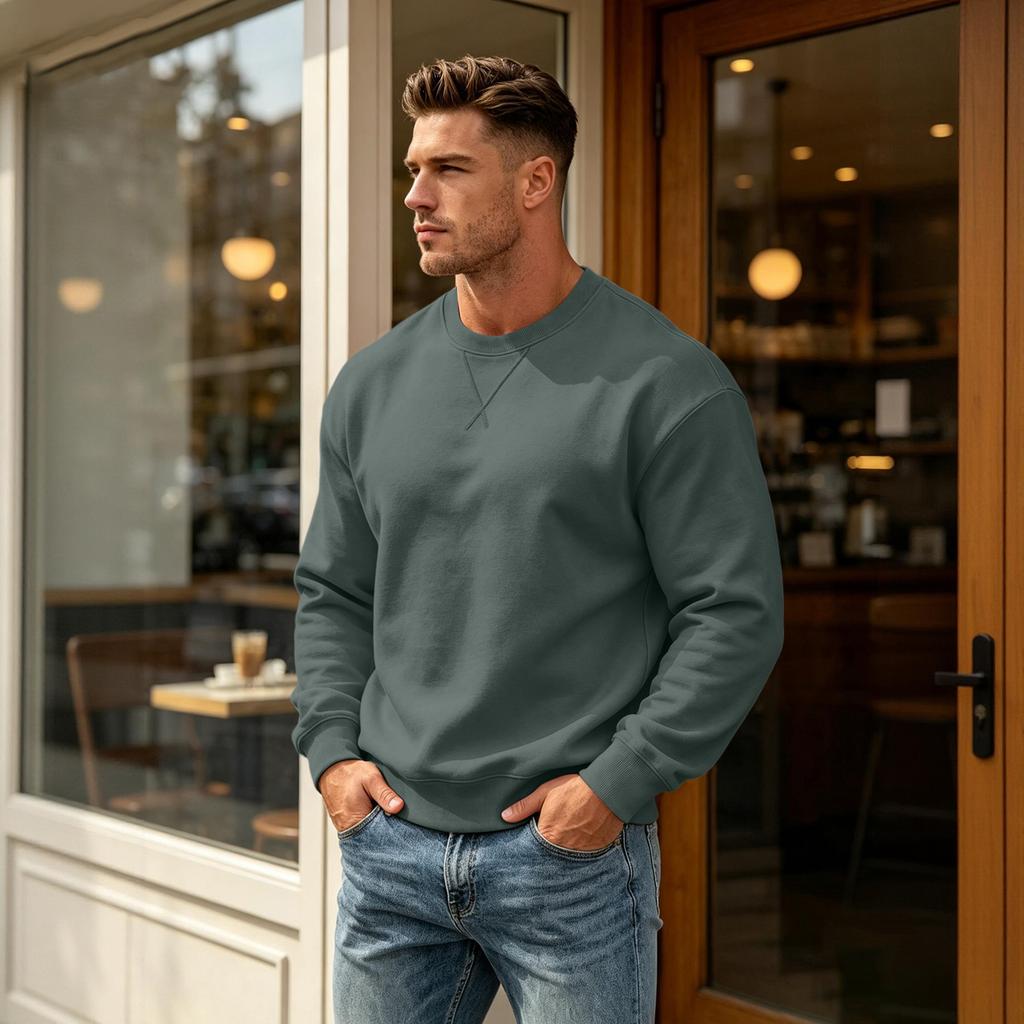 Men's Casual Drop Shoulder Sweatshirt Long Sleeve Crewneck Pullover for Sports and Daily Wear