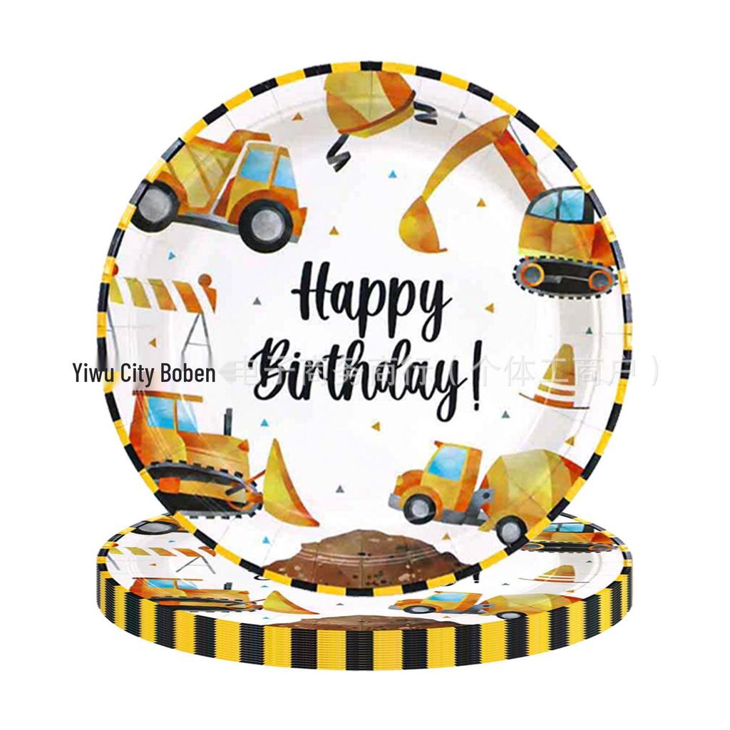Construction Vehicle Birthday Party Set: Disposable Plates, Cups, and Tablecloth for Kids.