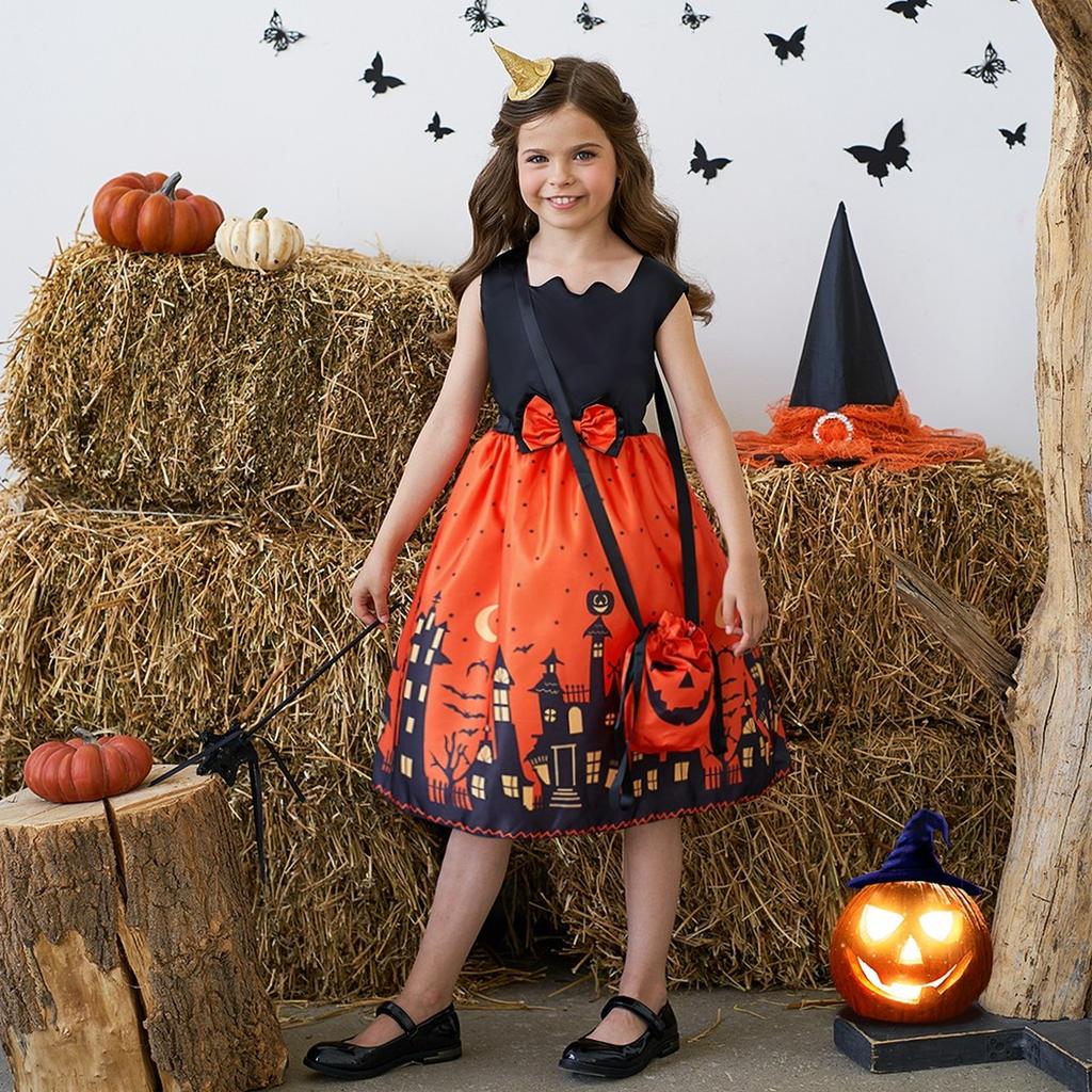 Halloween Witch Cosplay Dress For Girls With Bag, Cartoon Print