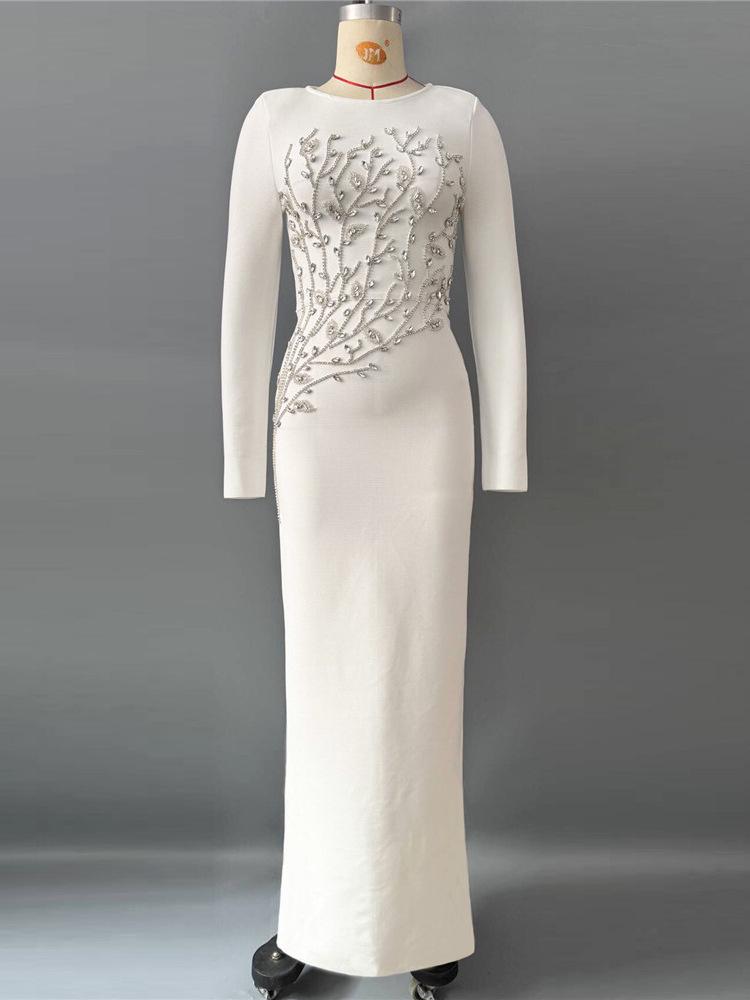 European Hand-Beaded Diamond Bodycon Long-Sleeve Banquet Bandage Dress