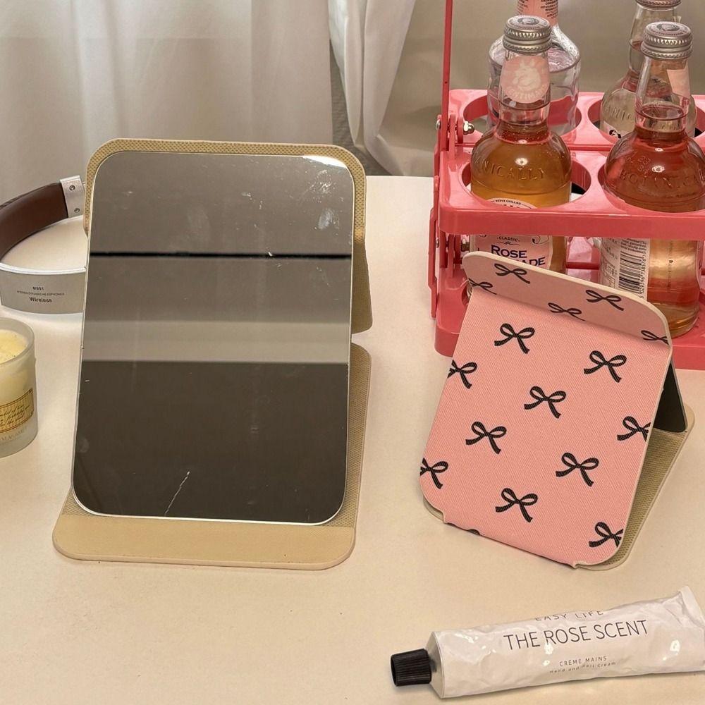Pink Bow Desktop Stand Mirror Pu Leather Vanity Mirror Beauty Fold Makeup Mirror Unisex