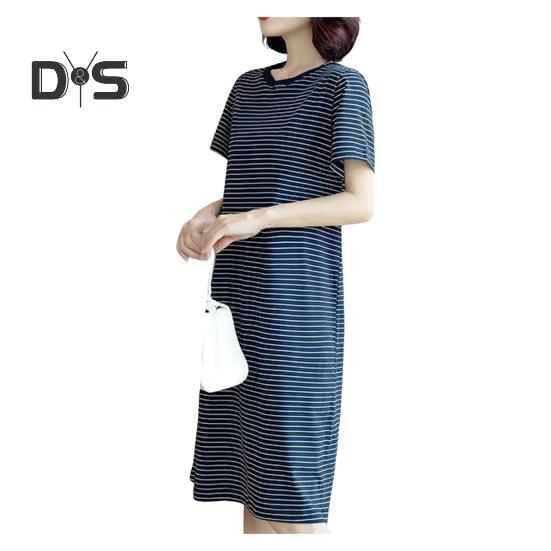 Damen Casual Gestreiftes Mittelkleid Kurzarm Locker Rundhals Sommer Leicht Bequem Büro Strand Partykleid