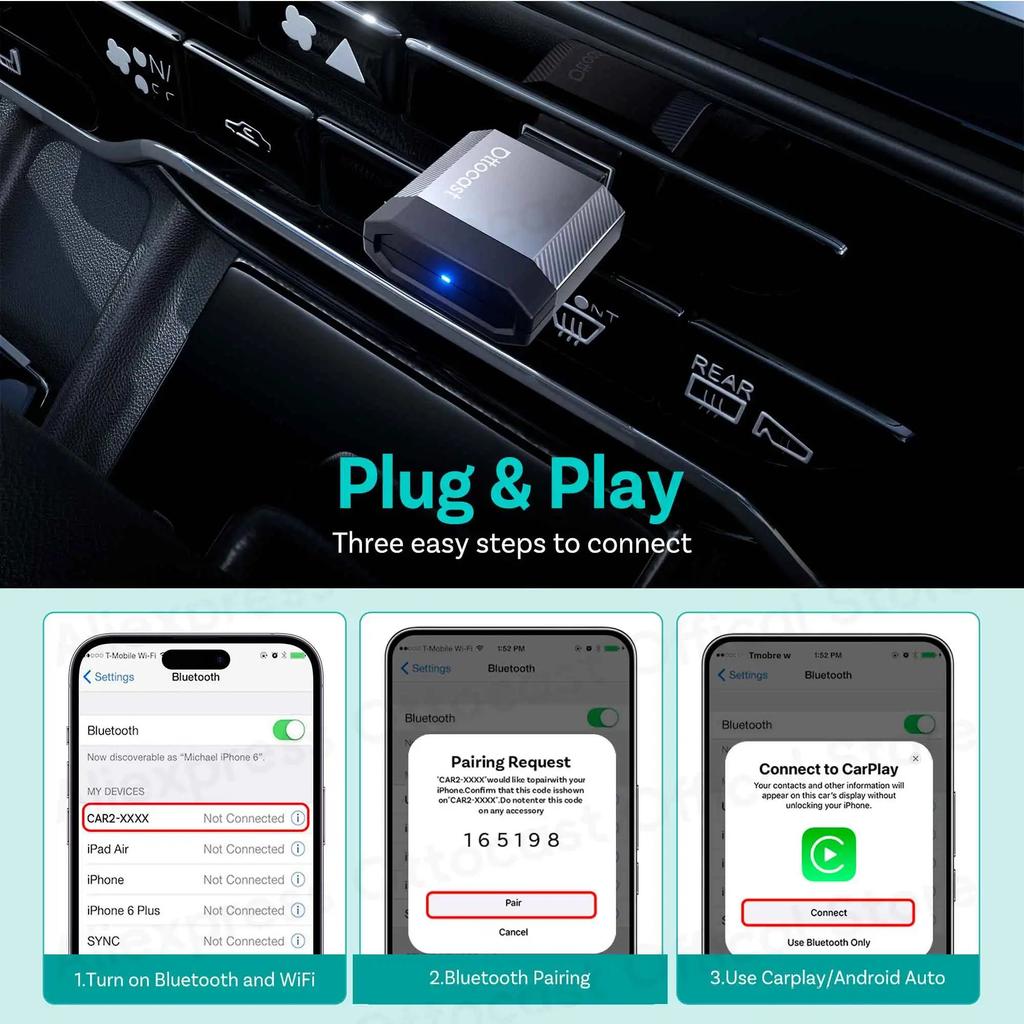NRYJK1 Ottocast Mini Nova Wireless Adapter CarPlay Android Auto Bluetooth WiFi USB Dongle Cube 3.0 for Nissan Ford Renault Mazda VW Ben