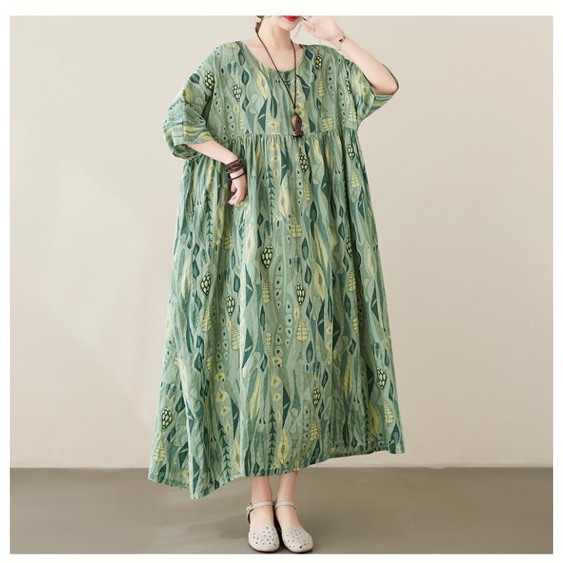 DIMANAF New 2026 Summer Beach Women Plus Size Lady Long Dress Loose Oversize Maxi Floral Print Cotton
