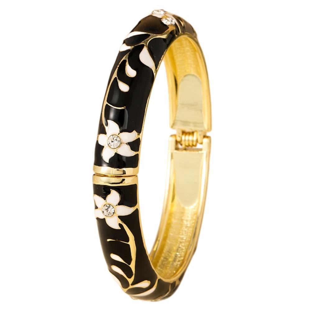 Colorful Vintage Cloisonne Bangle Enamel Floral Women s Hand Bracelet Flower Crystal Bangle Ladies чёрный