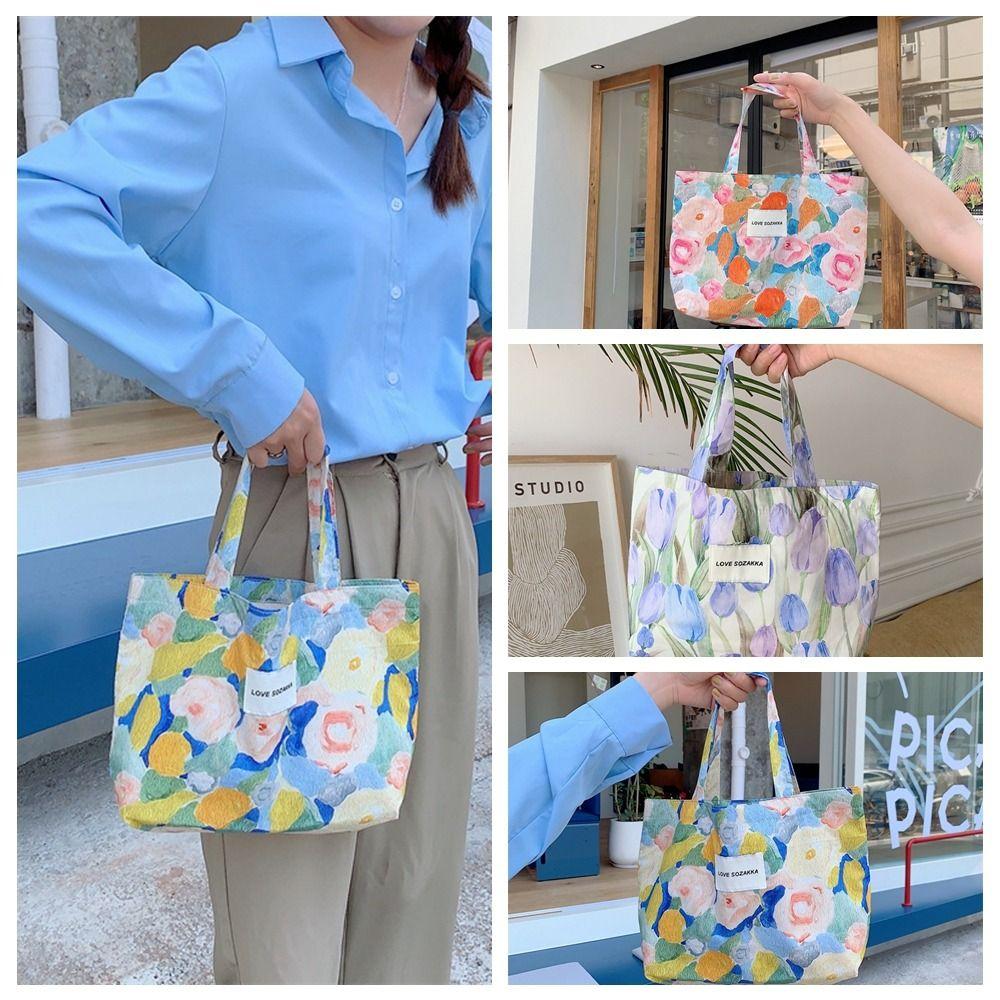 

Tulip Floral Canvas Tote Bag Oil Painting Vintage Travel