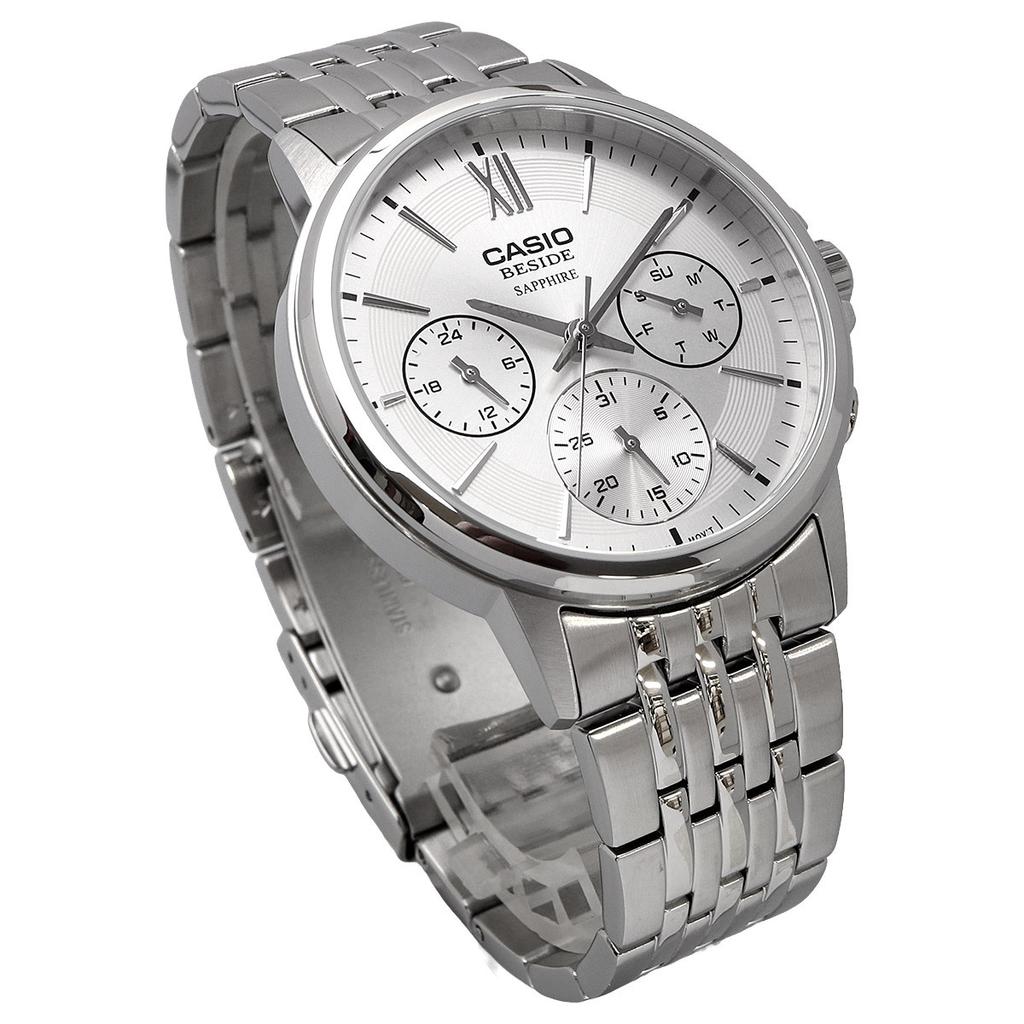 CASIO BESIDE Quartz Sapphire Solid Silver Men's Watch, Glass, Band, Multi-axis, 24-hour Display