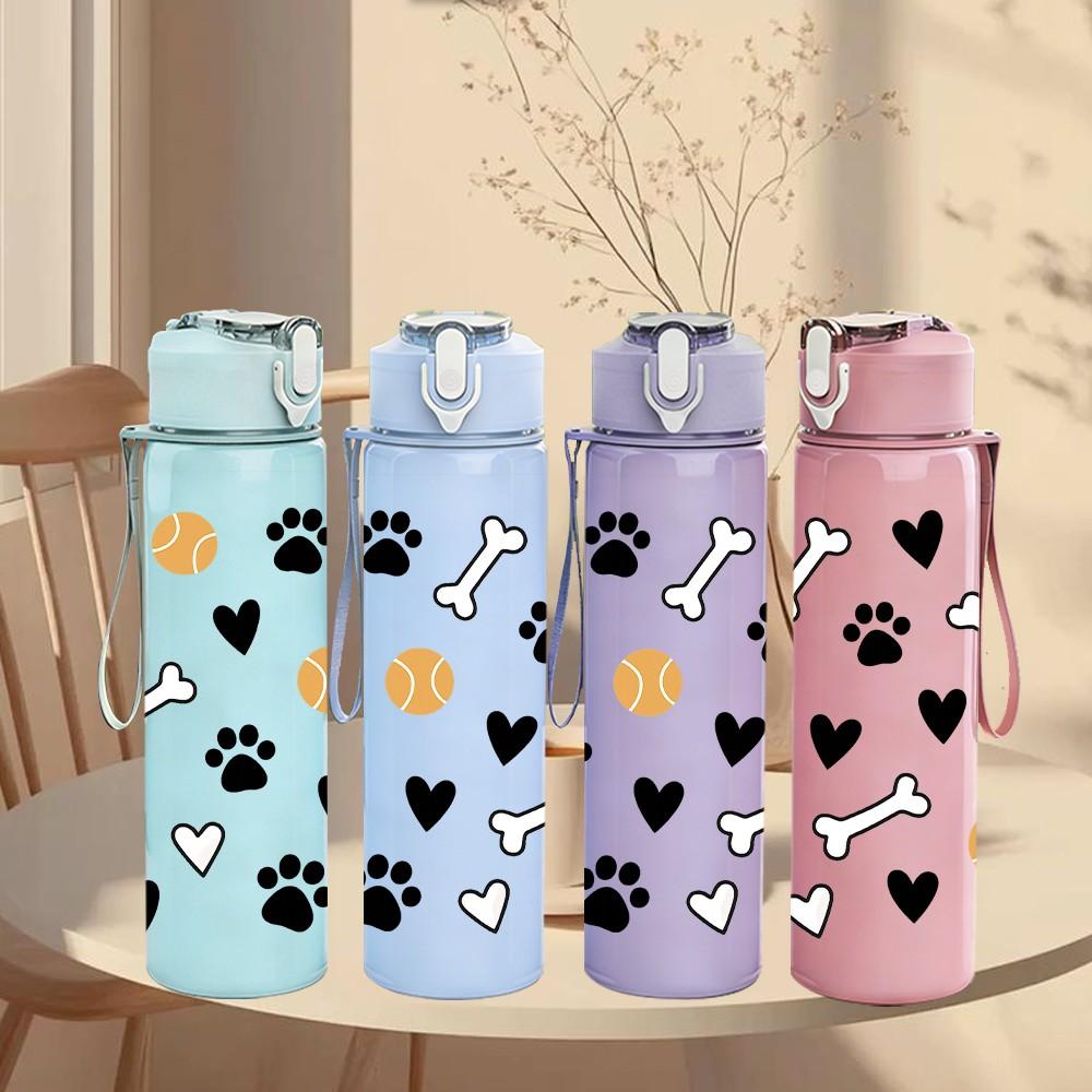 1PC Dog Paw Bone Pattern 750ml Color Plastic Sports Water Bottle Leakproof Flip Straw Lid Suitable for Sports Office Home Use