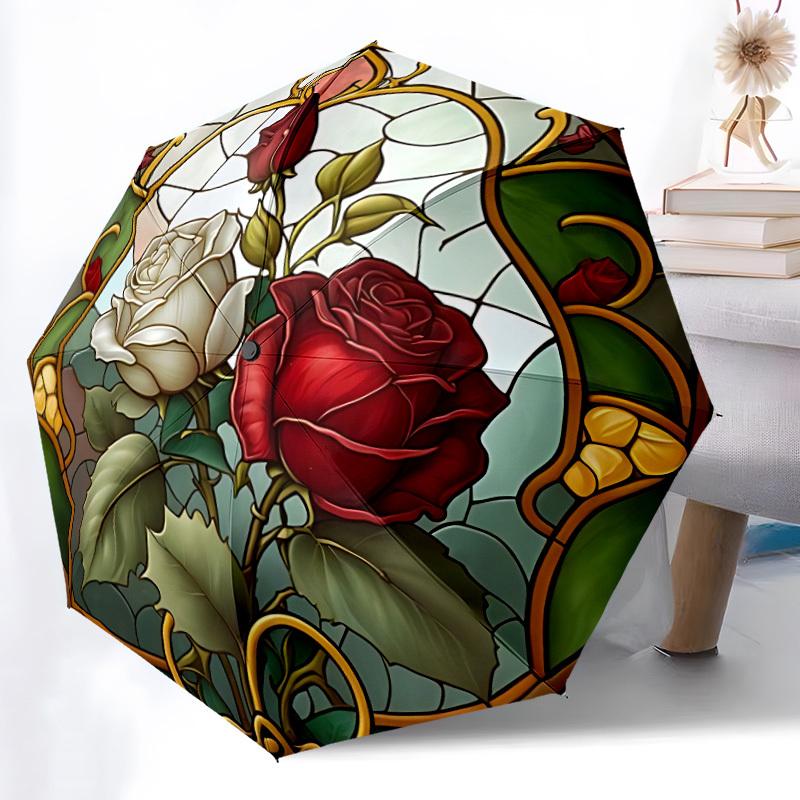 1pc Rose Garden StainedGlass Compact Travel Umbrella, Automatic Folding Lightweight Windproof 8-Bone Reinforced Design, Portable for Backpac