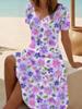 Women's Floral Print V-Neck Short Sleeve Dress,Black Background with Multicolor Flowers,Casual Beach Dress