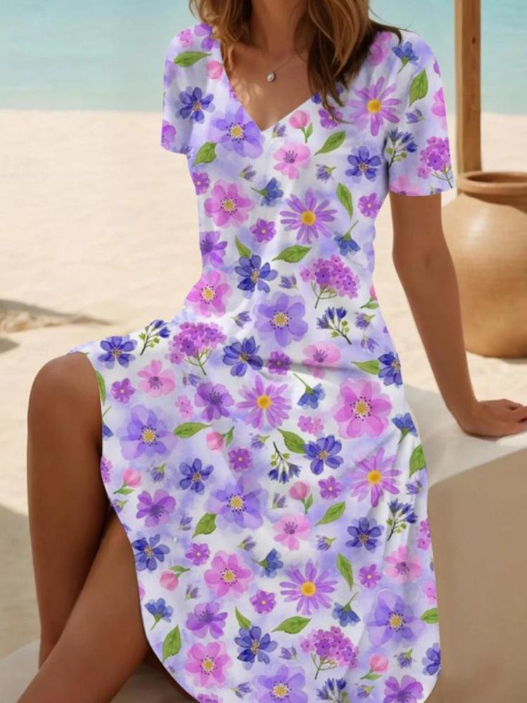 Women's Floral Print V-Neck Short Sleeve Dress,Black Background with Multicolor Flowers,Casual Beach Dress