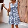 GMXIA Summer Elegant U-Neck Burnt Floral Print Sleeveless Midi Dress with Ring