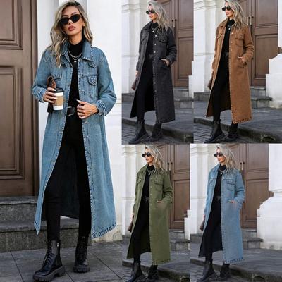 Denim-Mäntel Moto Biker Jeans für Damen Lange Jacken Tasche Lange Ärmel Einreihig Locker Lässig Y2k Herbst Winter