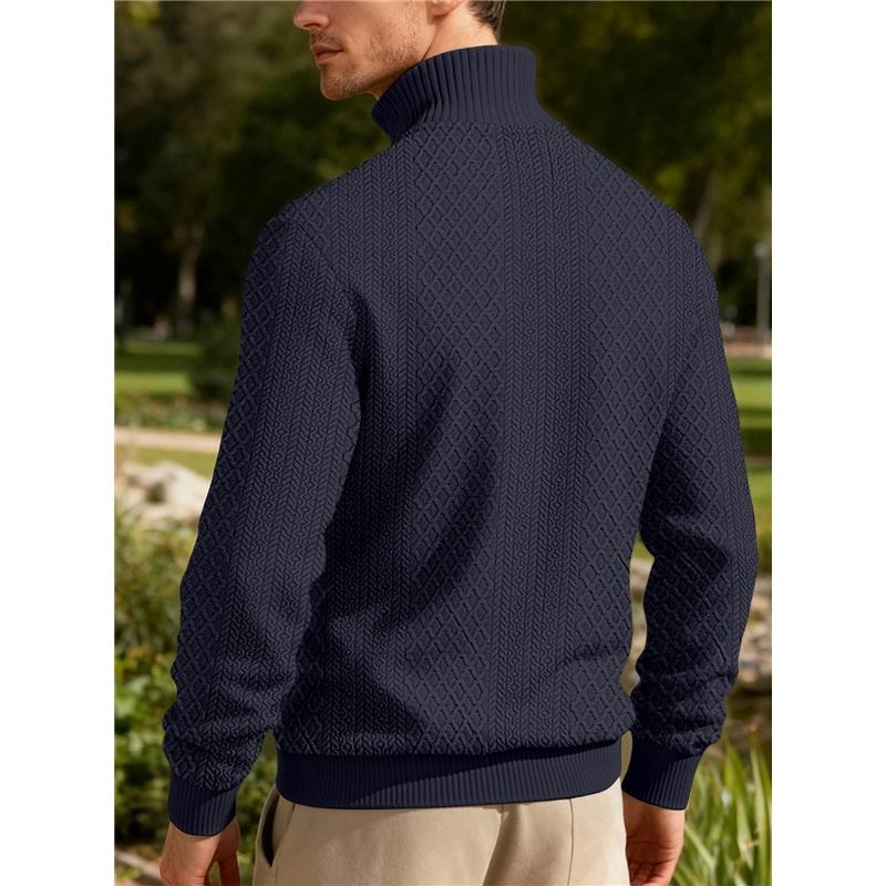 Men's Quarter Zip Pullover Sweater Diamond Jacquard Knit Stand Collar Long Sleeve Casual Sweatshirt For Business & Daily Wear