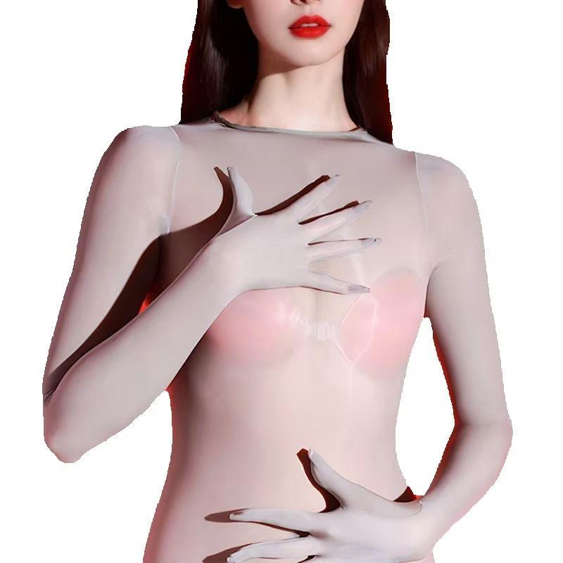 Sexy Women 5D Thin Oil Shiny Smooth Bodysuit Gloves Sleeve Sexy Tights Elastic Yoga Shaping Unisex Playsuit Maid Leotard