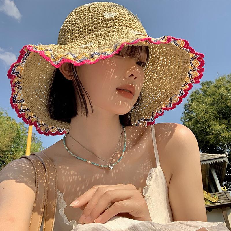 Color Lace Woven Straw Hat Women'S Spring Sunshade Sunscreen Bucket Hat Seaside Beach Sun Hat