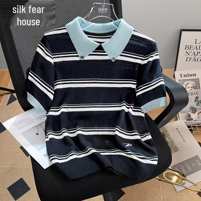 Women s Short-Sleeve Polo Neck Contrast Stripe Knitted Top One Size