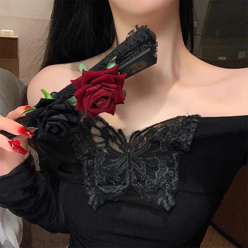 Ladies Lace Hand Fan Black White Cloth Folding Fans With Tassels Ancient-Style Dance Folding Hand Fan For Wedding Party Favor
