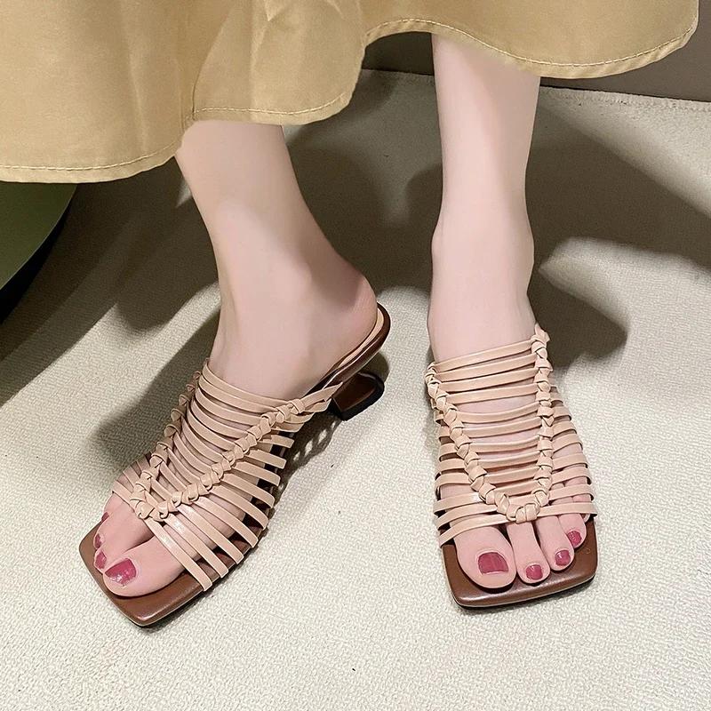 Fashion French Elegant Retro Hollow Woven Square Head Peep Toe Roman Sandals Comfortable Cool Slippers Casual All-match Women's Shoes