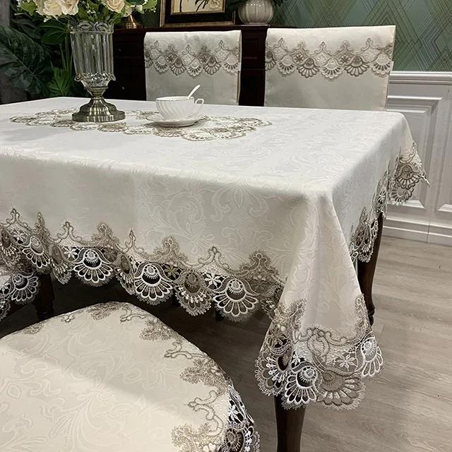 Tablecloth Dining Table Cloth European Rectangle Table Cover Round Embroidered Fabric Insulation Chair Cover Lace Cushion Set