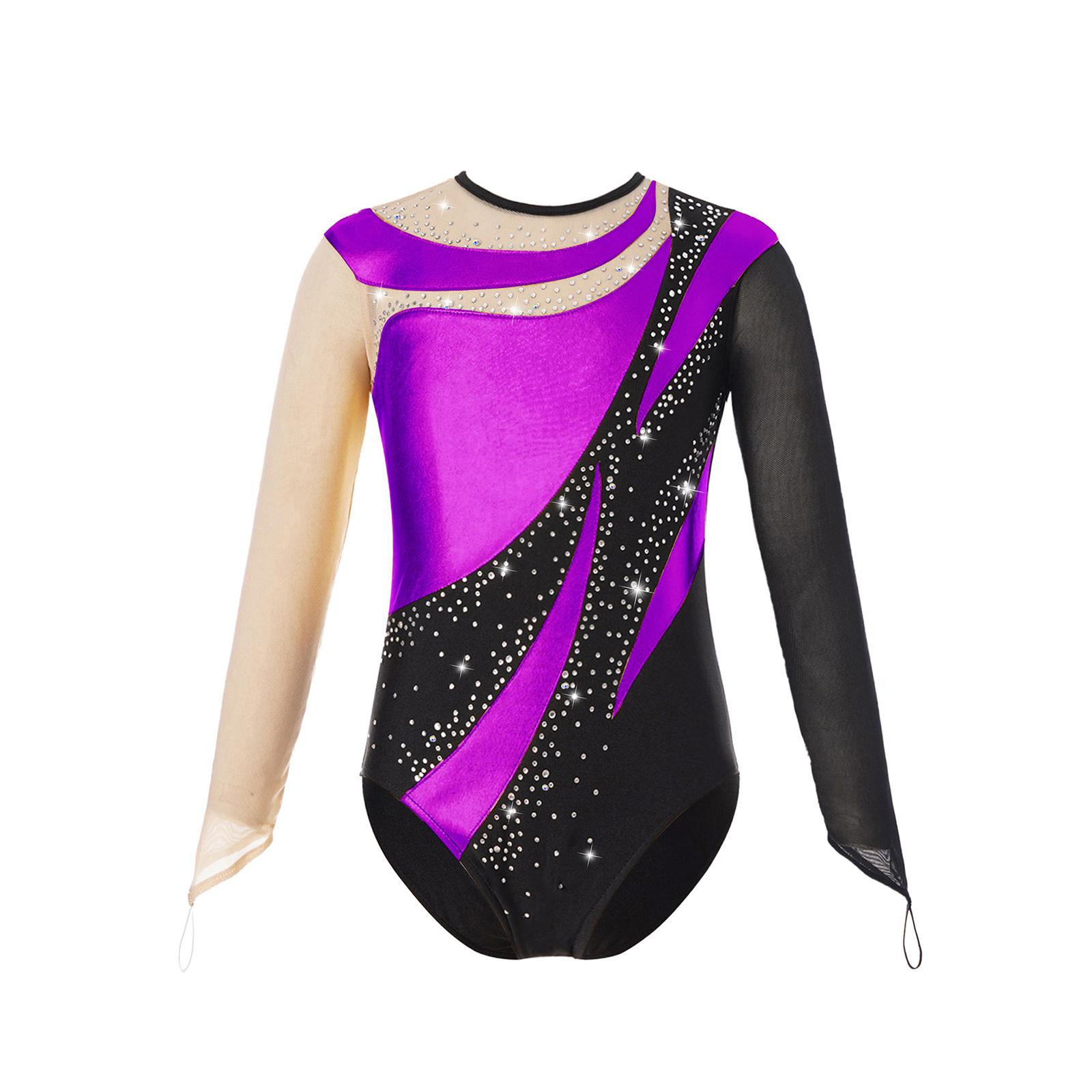 Inlzdz Kids Girls Metallic Gymnastics Jumpsuit Mesh Long Sleeve Keyhole Back Shiny Leotard Figure Skating Bodysuit 9-10 Years paars