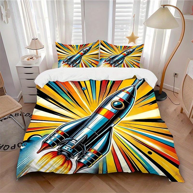 

3pcs set Rocket Launch 1 Quilt Cover + 2 Pillowcases, All Seasons Bedroom Setting, Perfect for Home and Dorm Decor a189 135x200cm