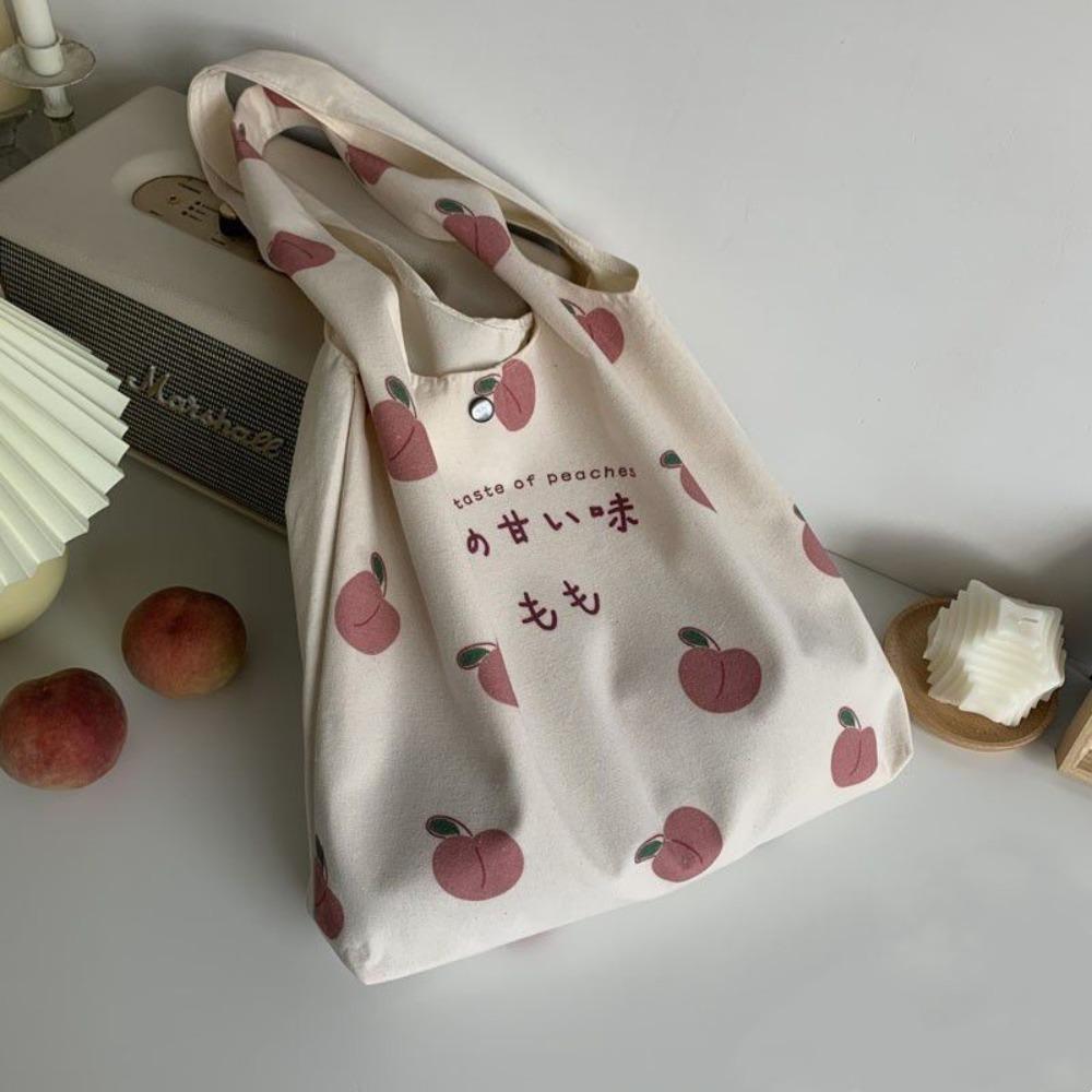 Cute Strawberry Tote Bag School Girls Casual Canvas Bag Shopper Designer Handbag Women Peach Print Eco Shoulder Bags