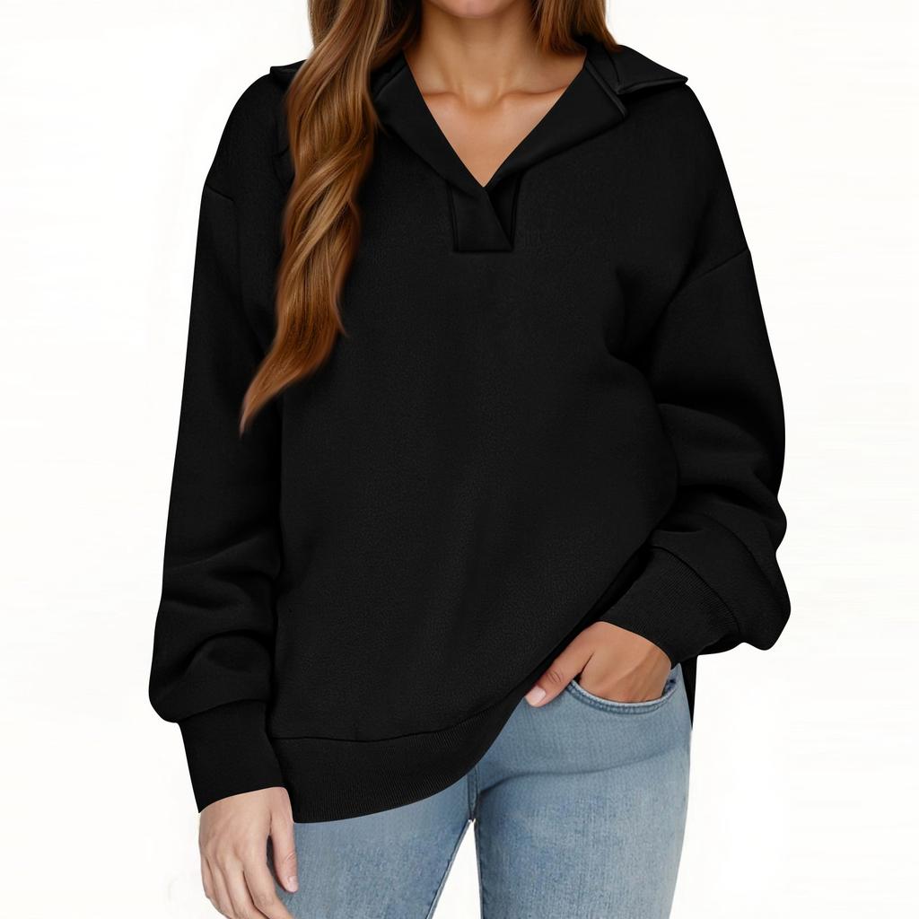 Women's Fashion Long Sleeve Solid Color V-Neck Loose Sweatshirt Top