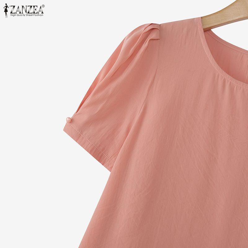 ZANZEA Women Casual Round Neck Solid Color Short Sleeve Blouse
