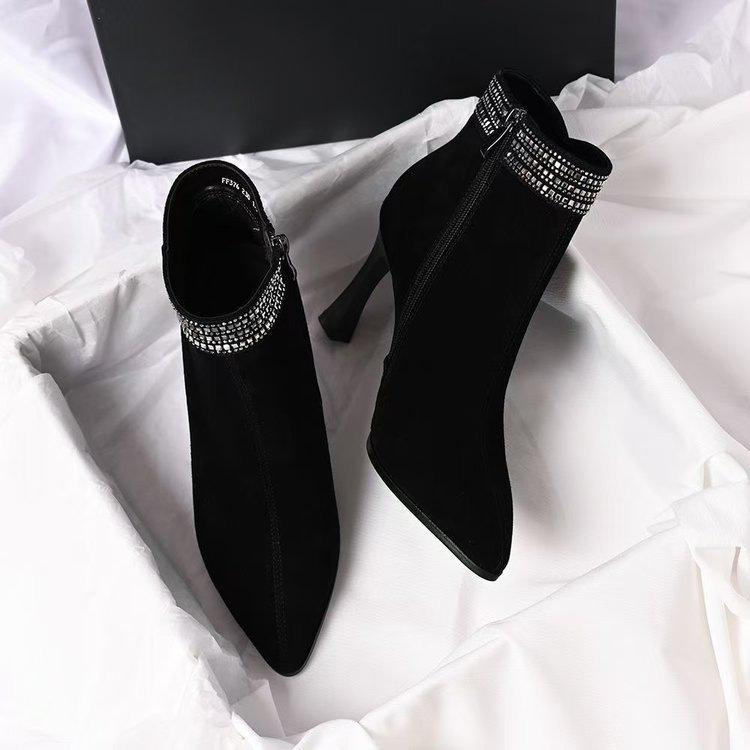 

Pointed thin heel high heel short boots autumn and winter new velvet rhinestone temperament black elegant boots 36